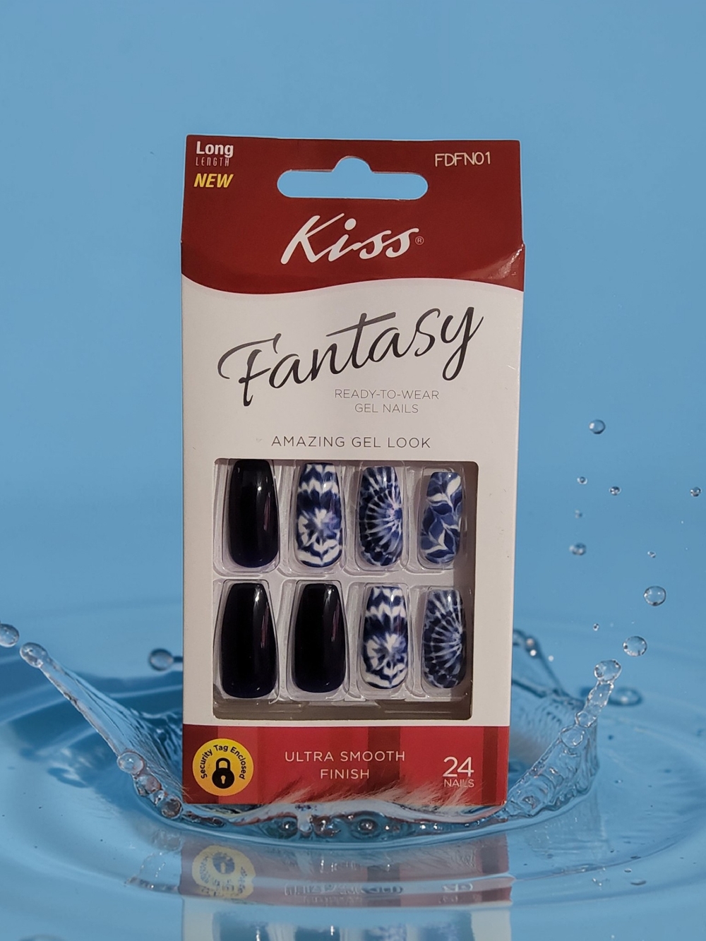 24 Pcs Kiss Fantasy  Gel Nails - Navy & White Floral Tie-Dye